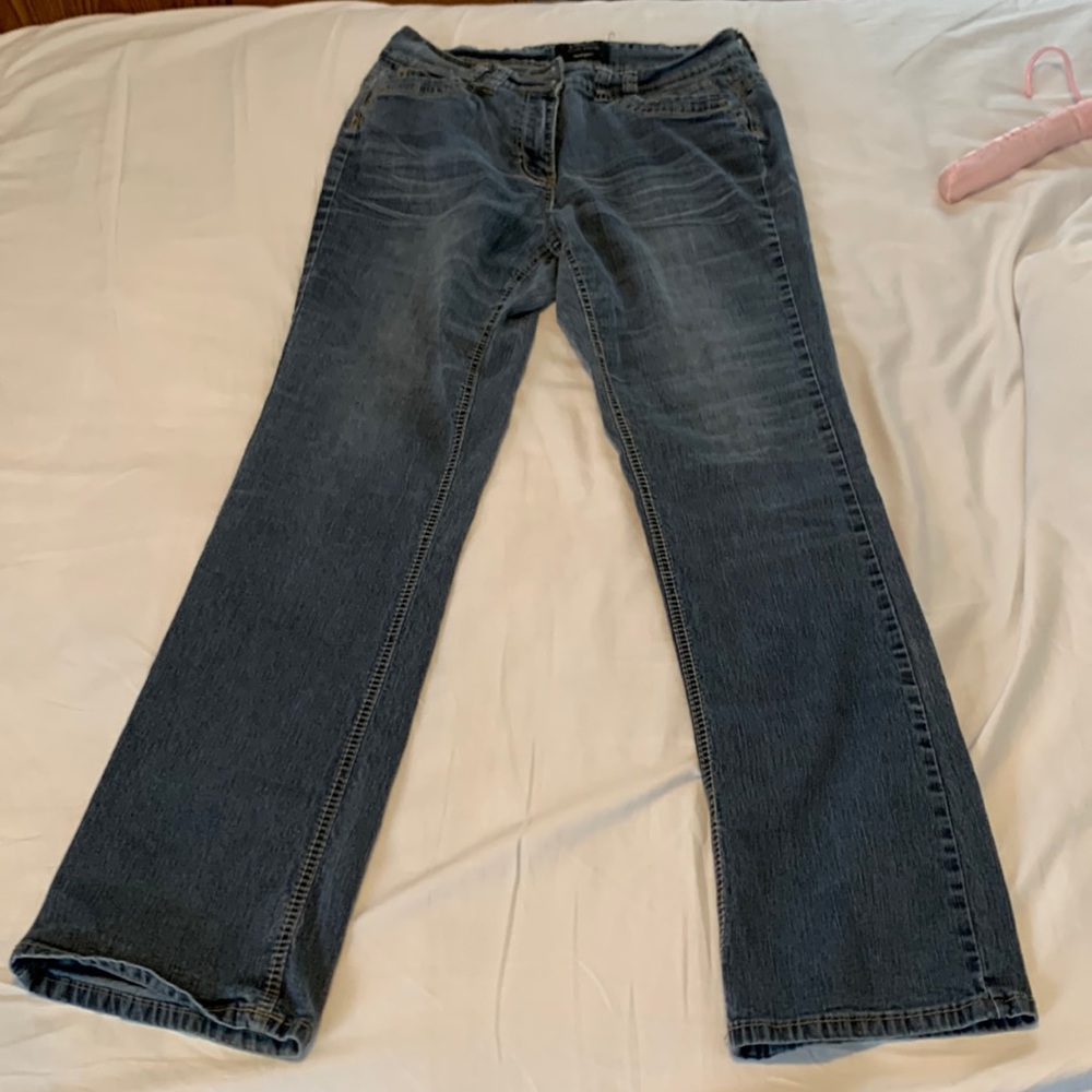 Jeans, medium washed denim blue colour, medium rise, straight leg, size 14.